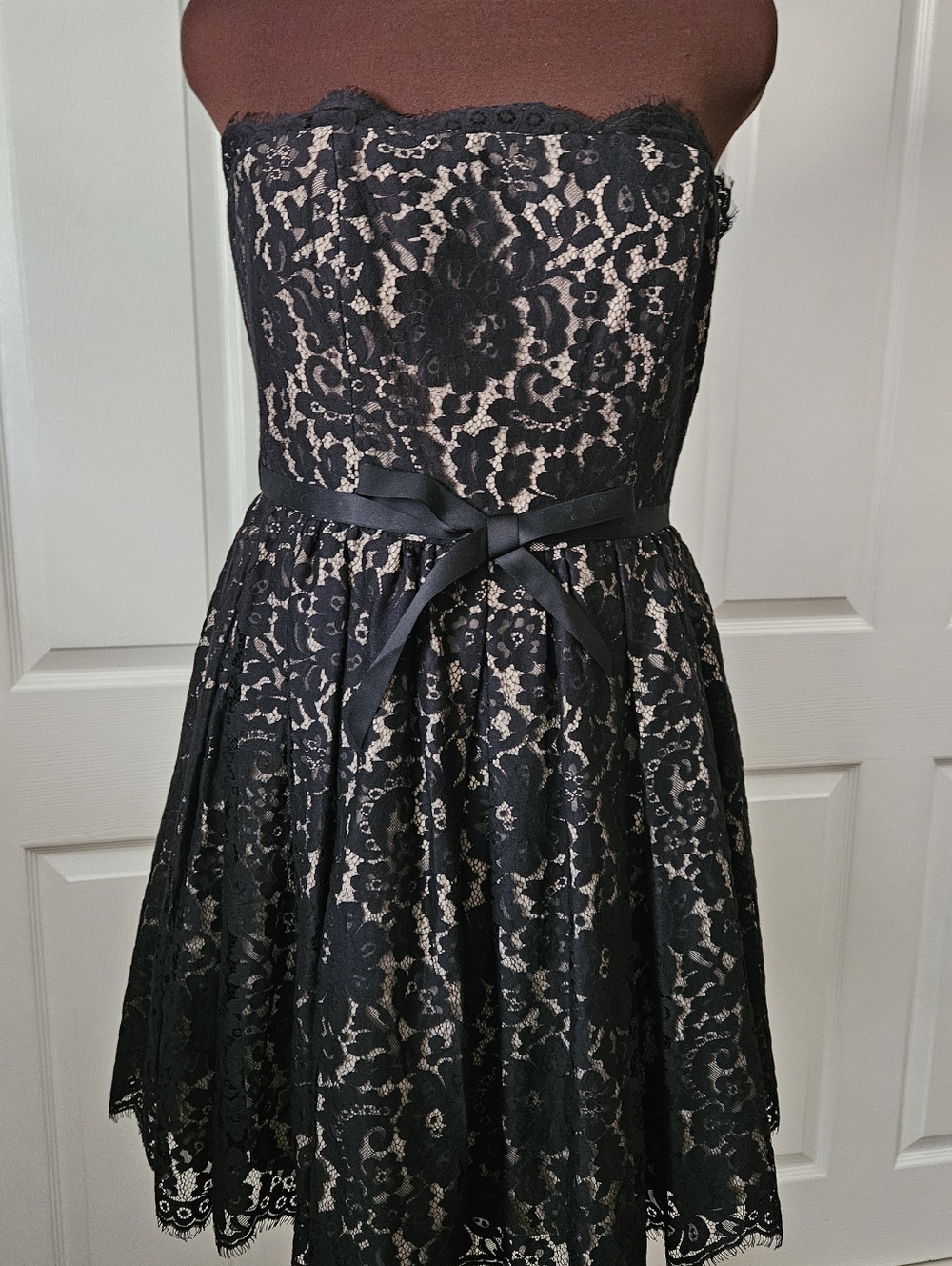 Strapless Black Lace Dress with Satin Bow